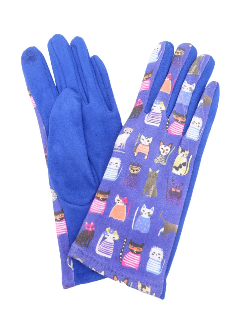 cat pattered gloves blue 