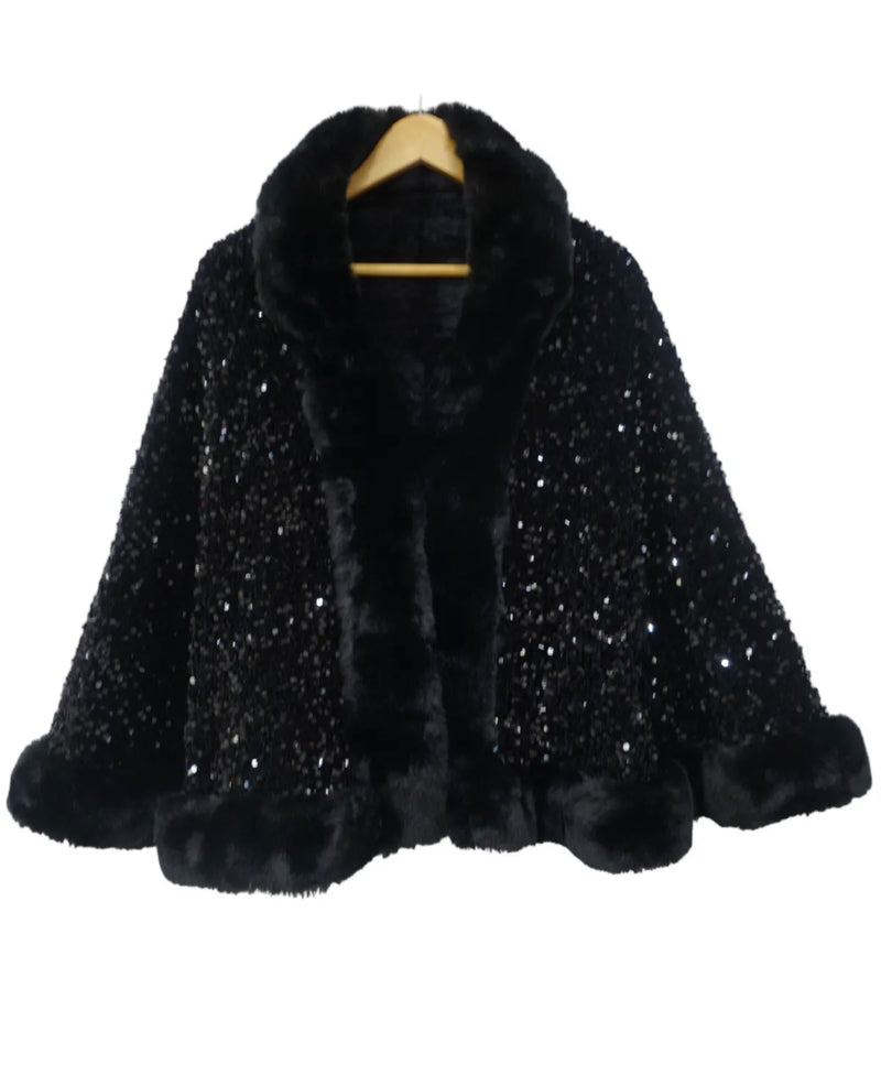 faux fur occasion cape with black sequins 