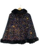 faux fur occasion cape with multi coloured sequins 
