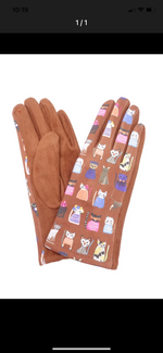 cat patterned gloves tan 