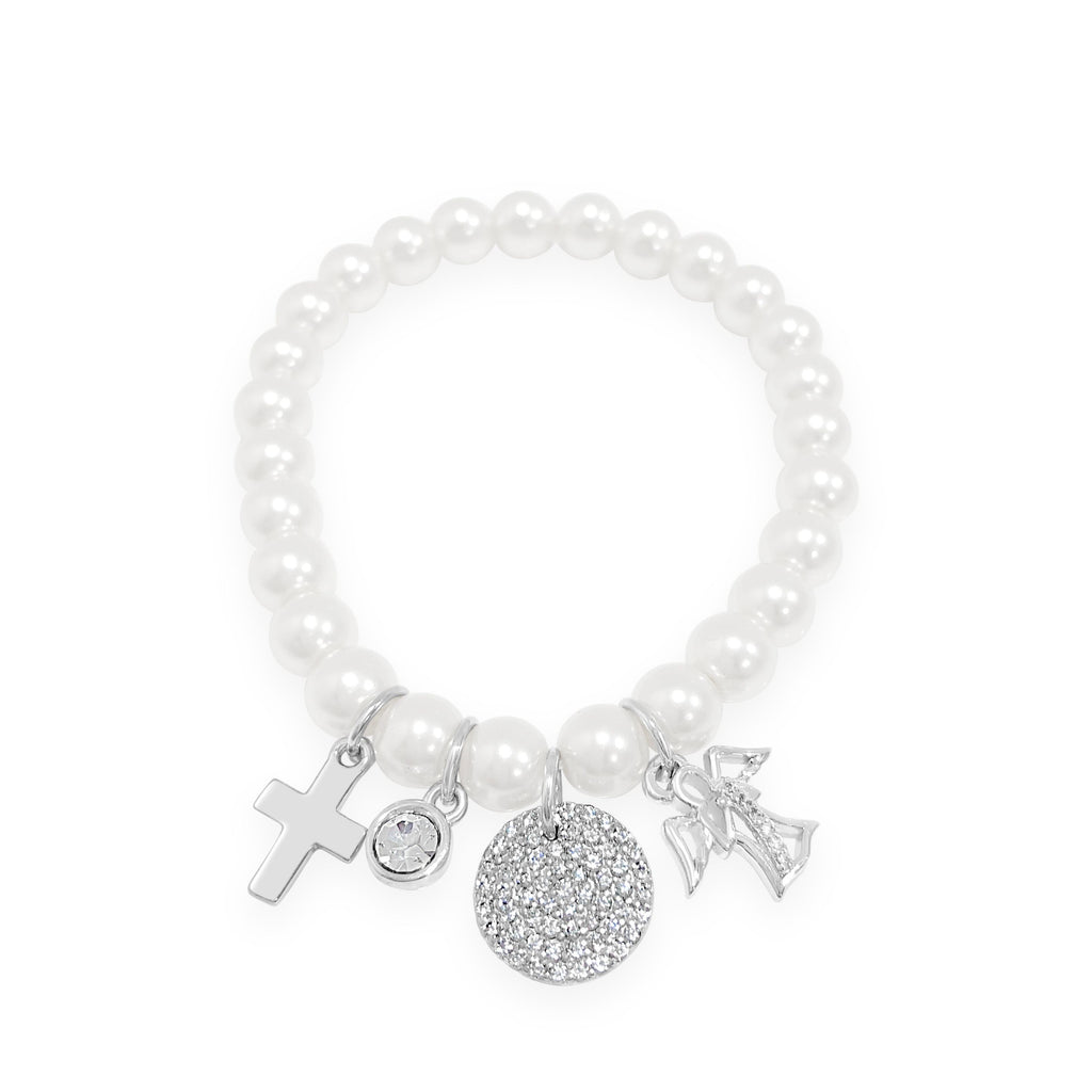 ABSOLUTE KIDS COMMUNION SILVER CROSS PEARL CHARM BRACELET CONFIRMATION