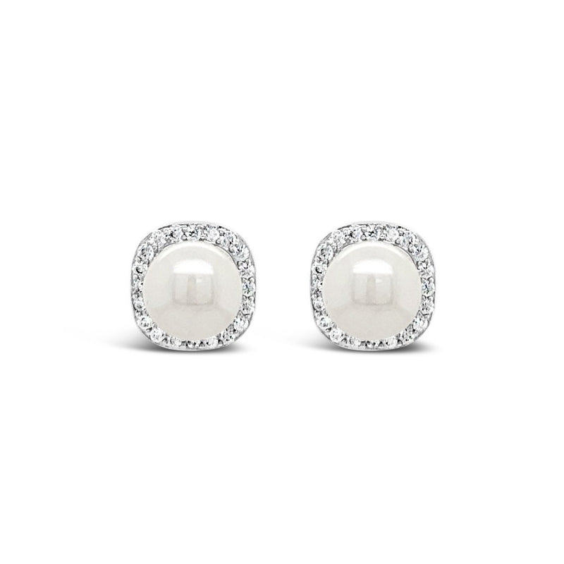 SILVER crystal and pearl stud earring