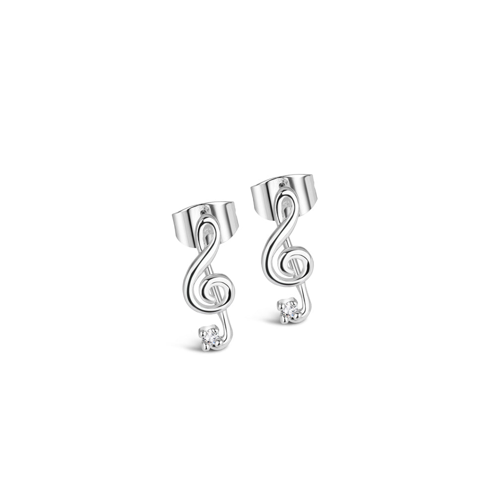 silver treble clef earring with clear stones