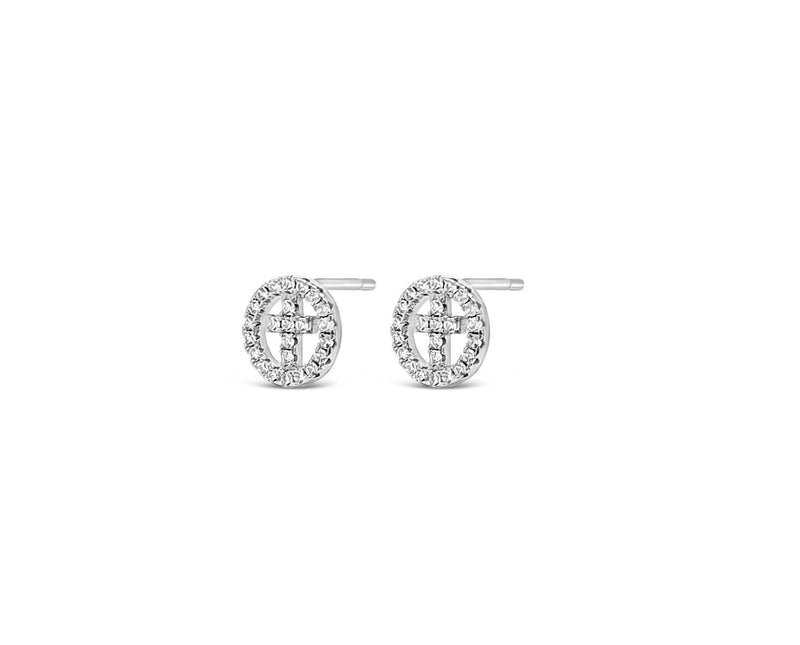 ABSOLUTE KIDS SILVER CRYSTAL CROSS ROUND STUD EARRING HCE429