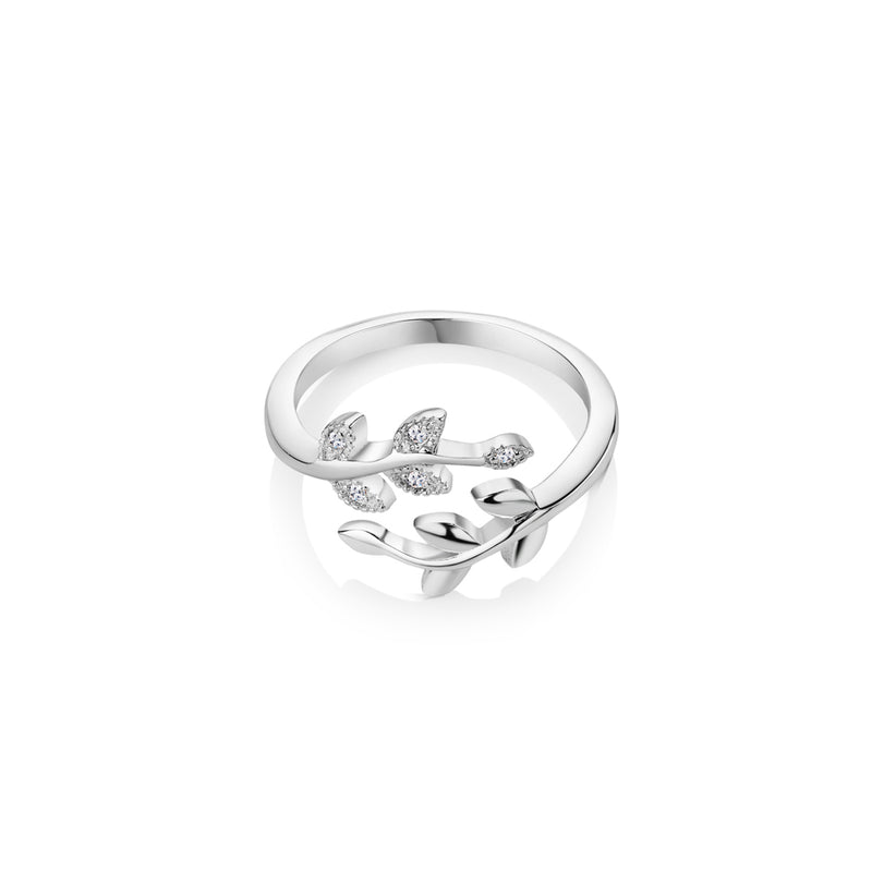 NEWBRIDGE SILVER ADJUSTABLE LEAF RING WITH CLEAR STONES R2411