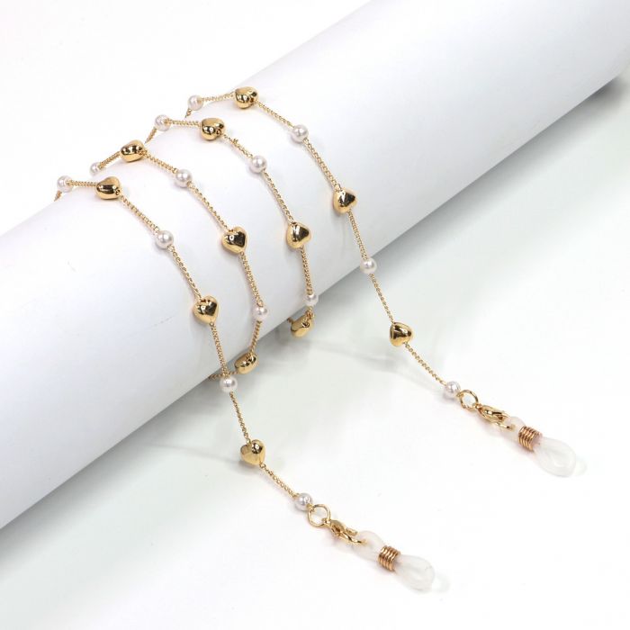 GOLD PLATED PEARL & HEART GLASSES CHAIN