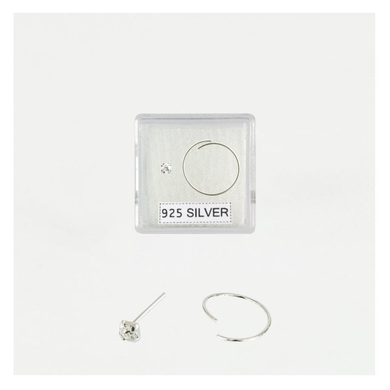 CRYSTAL NOSE STUD AND PLAIN RING SET STERLING SILVER