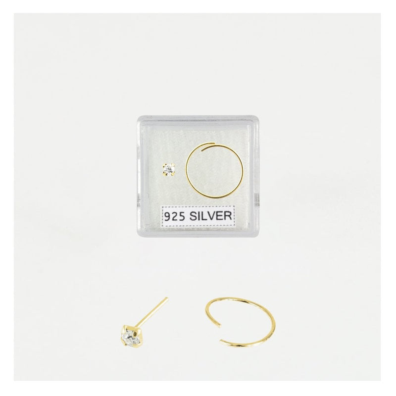GOLD PLATED CRYSTAL NOSE STUD AND PLAIN RING SET STERLING SILVER